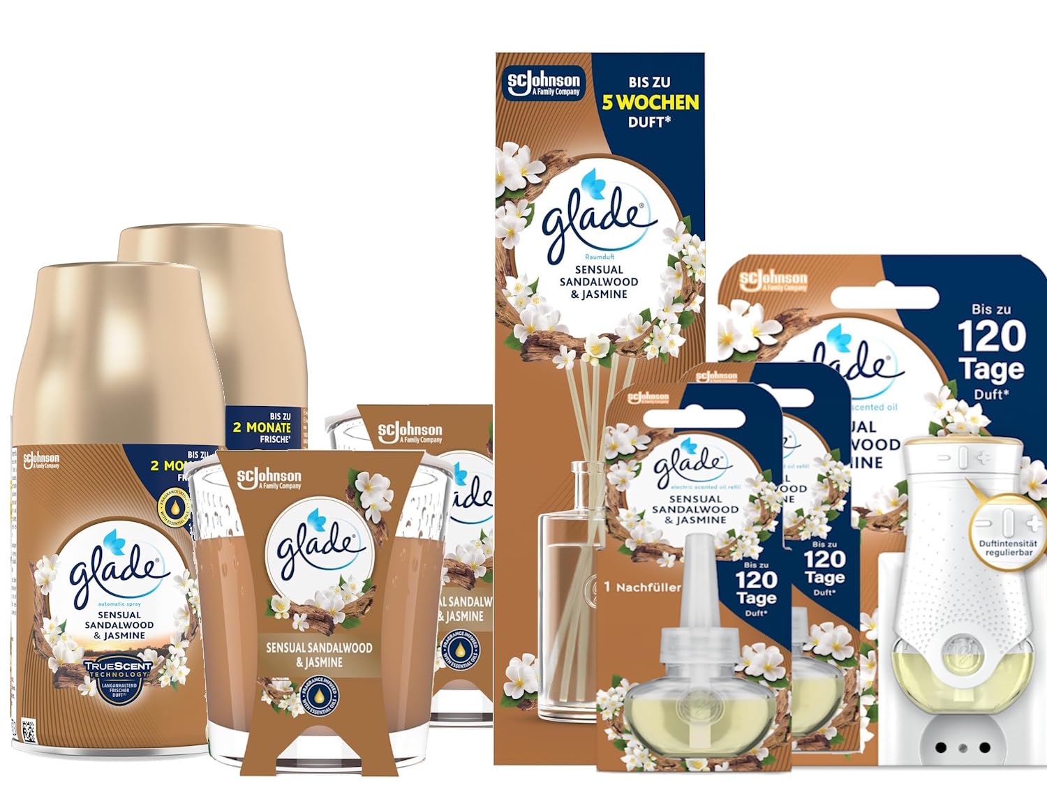 Glade Raumduft Set Sandalwood & Jasmine – Automatic Spray + 2 Nachfüller, Duftstecker Starter Set + 2x 20 ml Nachfüller, 2 Duftkerzen je 112 g & Duftstäbchen Diffuser
