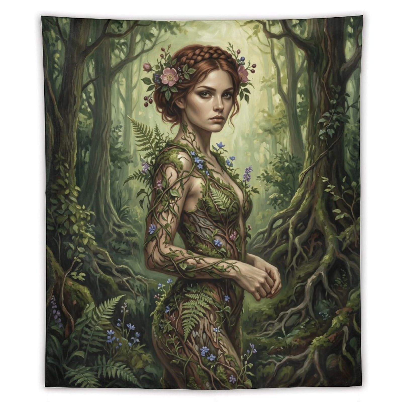 H3B8U2Y5 Green Forest Goddess Wall Tapestry, Enchanted Woodland