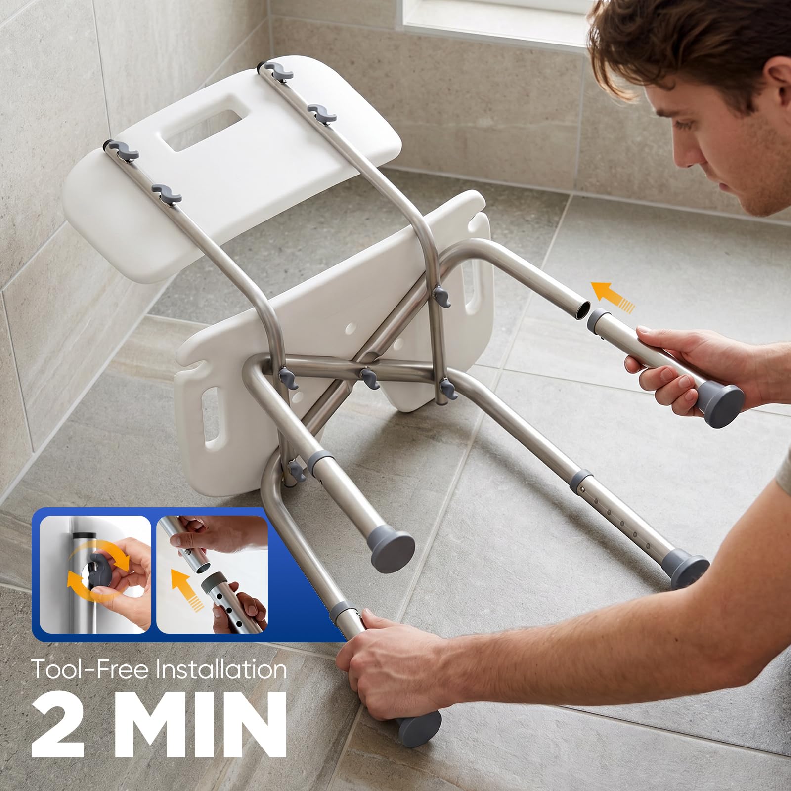 Silla de ducha con respaldo extraíble, taburete de ducha de altura ajustable para bañeras, asiento de ducha antideslizante para personas mayores y embarazadas, silla de ducha de aluminio con