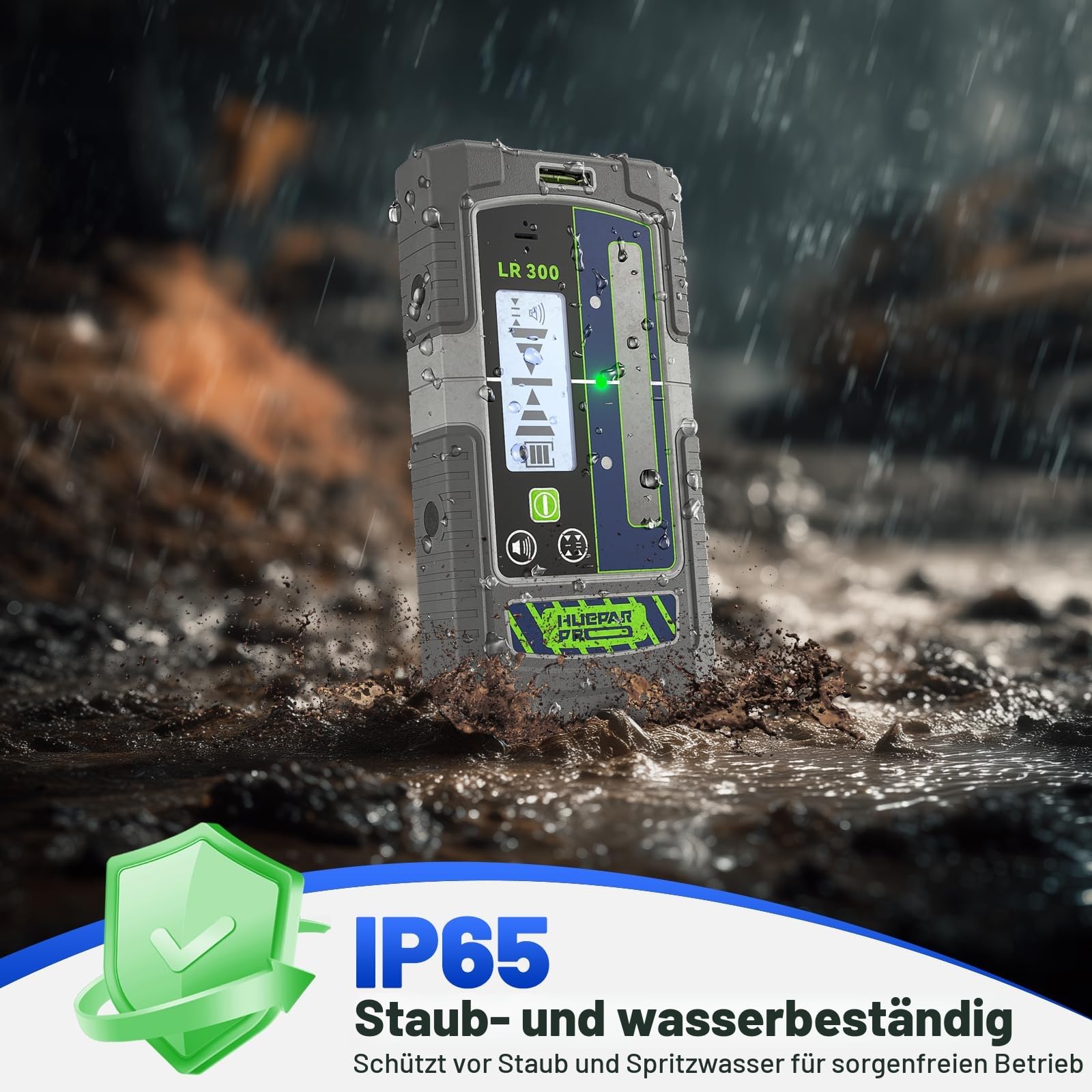 Huepar Pro Professional Laserempfänger Pulsmodus Liniendetektor für Laser-Levels, 60 m, Dual-Präzisions-Modi, IP65 wasserdicht, Magnetklemme, LCD+LED, 20-Stunden-Laufzeit