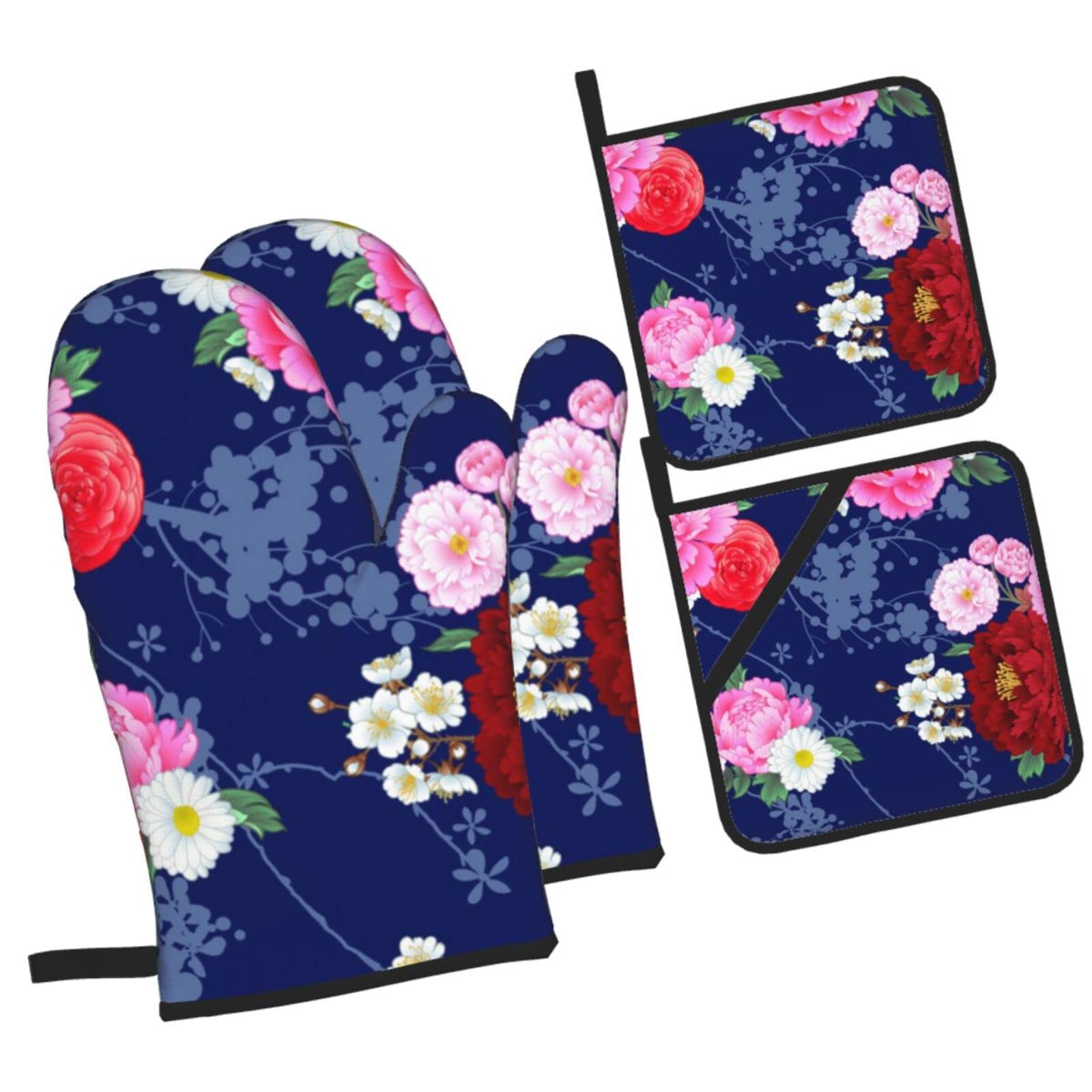 Seamless Pattern with Peonies Oven Mitts and Pot Holders Sets, Christmas Oven Mitt Kitchen Heat Resistant Non-Slip Pot Holders Set for Cooking Baking BBQ