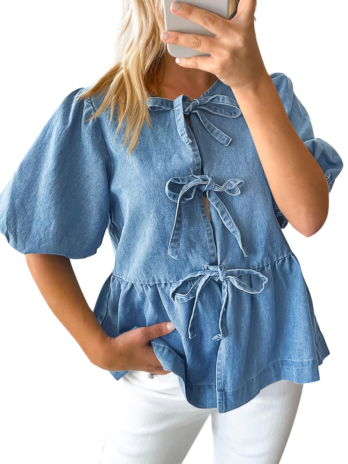 Tankaneo Camicette da donna in denim con nodo frontale, con peplo e maniche a sbuffo, girocollo, estive, casual, con fiocco