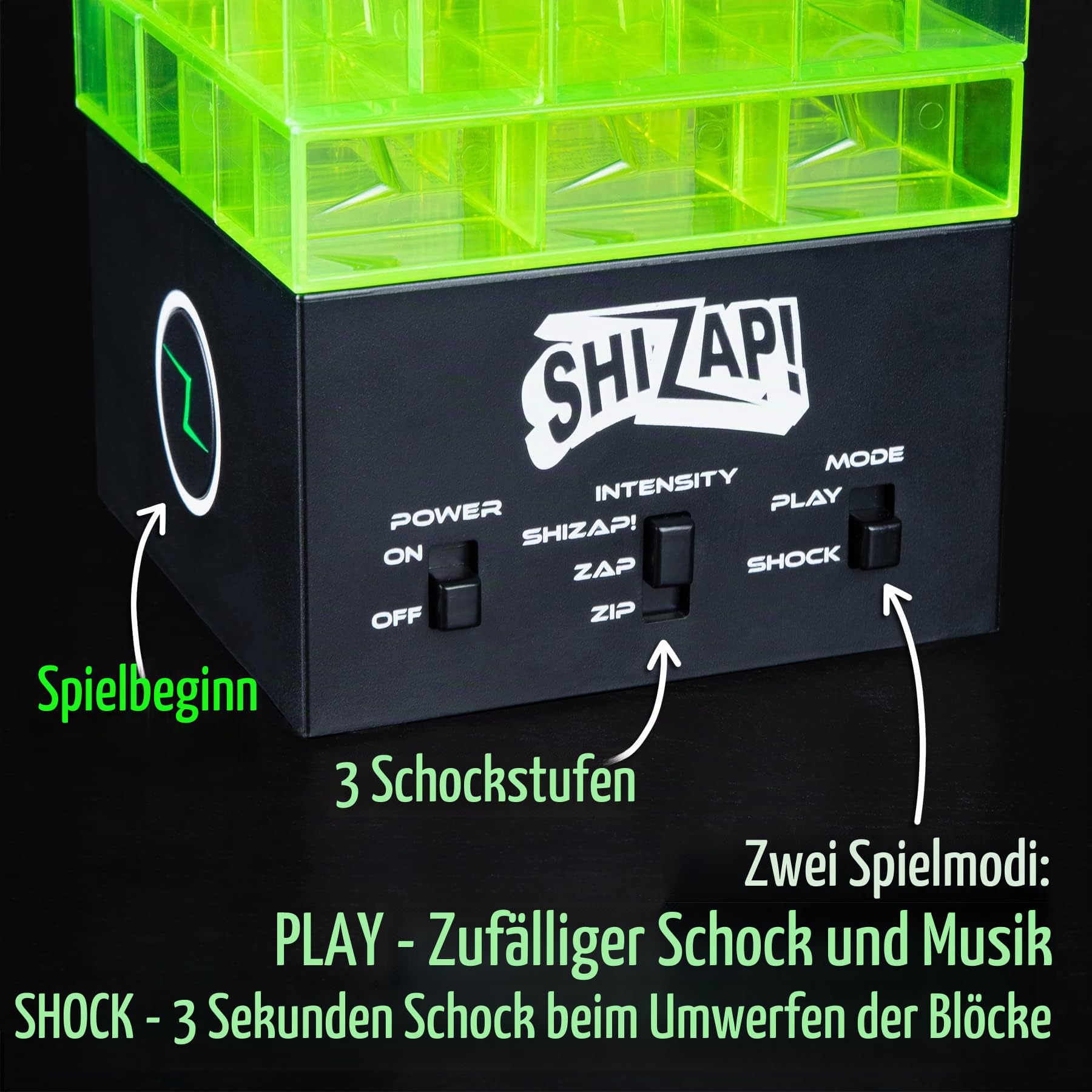 ShiZap! Das energetisierte Stapelblockspiel – Elektrisch schockierender Tumble Tower – Familienfreundliche Partyspiele für Jugendliche und Erwachsene