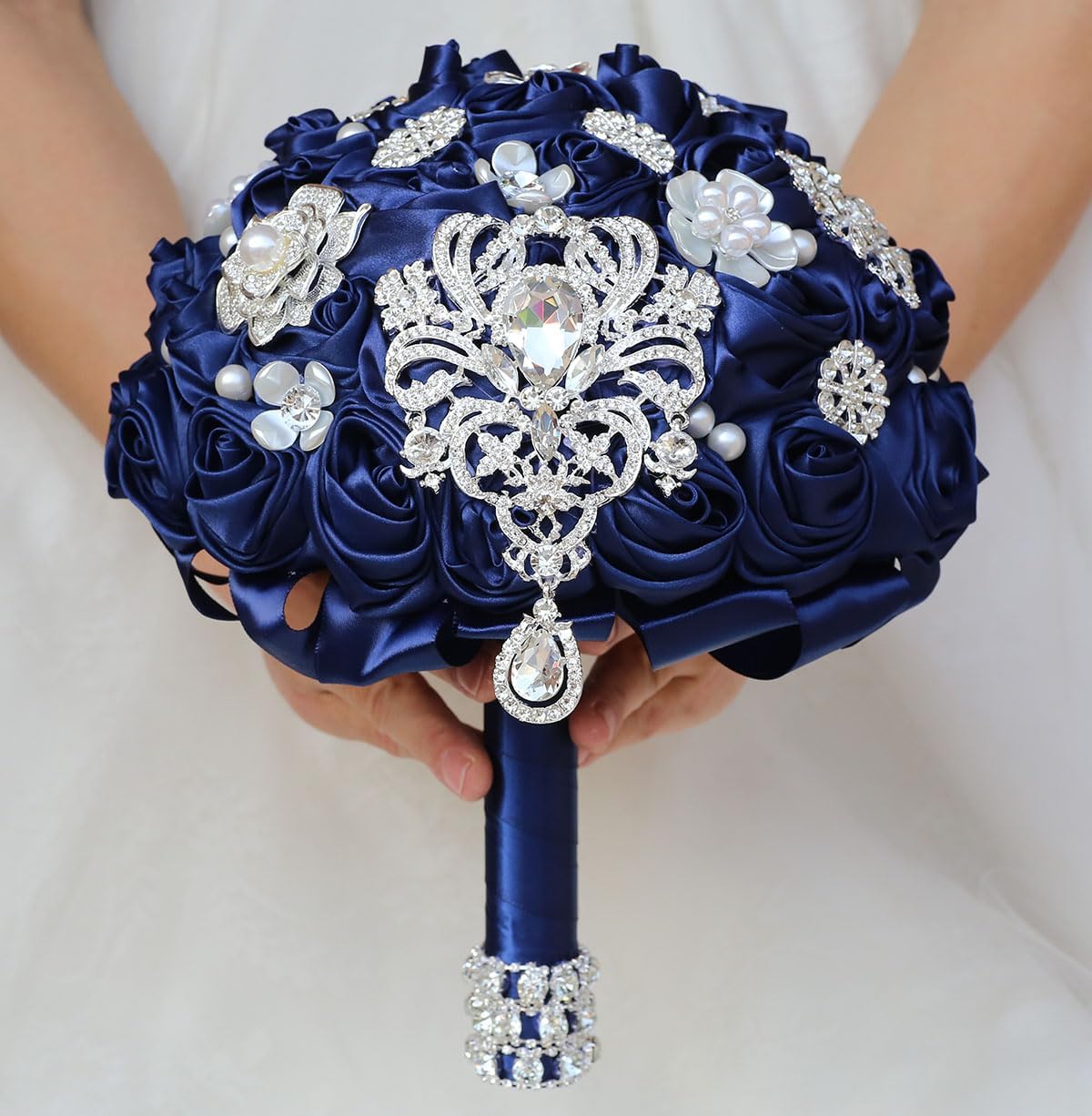 Bridal Wedding Bouquet Round Bling Brooch Bouquet Artificial Rose Flower Bunch for Bride Bridesmaid Wedding Quinceanera(Navy Blue, 7.5")