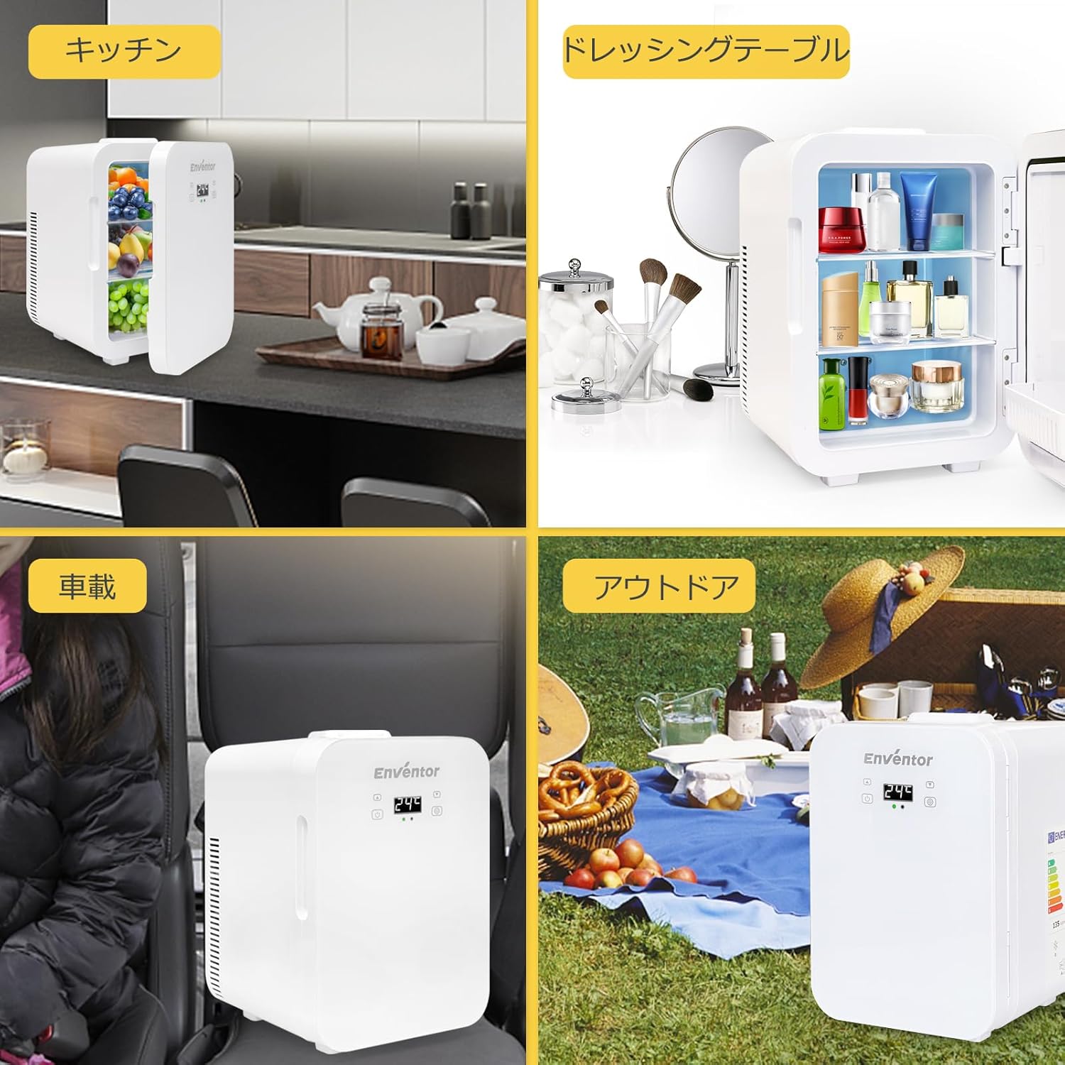 Various usage scenarios for the Enventor mini fridge including kitchen, car, and outdoor settings
