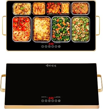 Electric Warming Tray Extra Large 32"x18" Food Warming Mat with Storage Bag, 9 Temp Modes, Chafing Dishes for Buffet, Food Warmer for Parties, Hot Pads for Kitchen, 450W Custom Warm Setting, Gold Edge