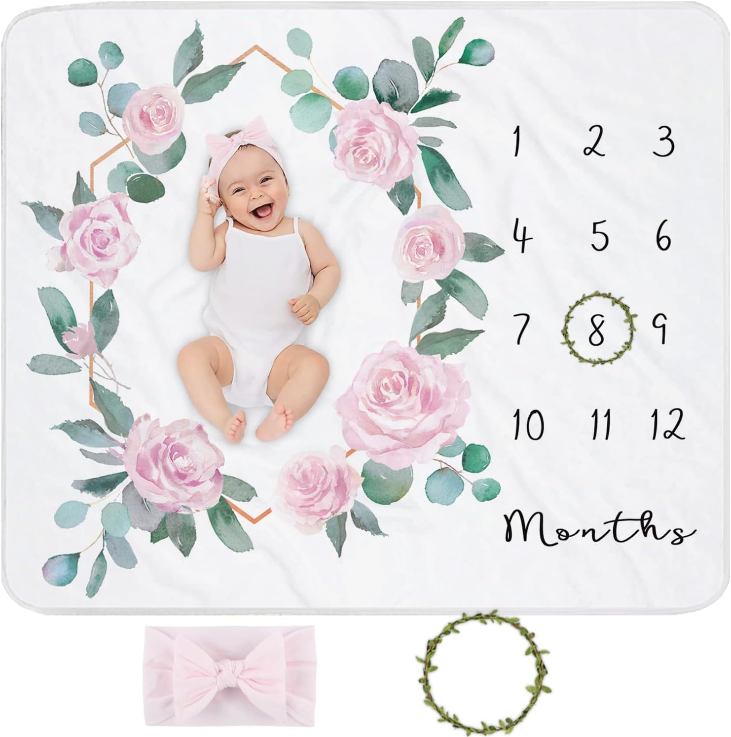 Baby Monthly Milestone Blanket for Baby Girl, Newborn Age Months Blanket Photo Prop with Growth Chart, Pink Floral Rose, Wreath & Headband, 45''x40''
