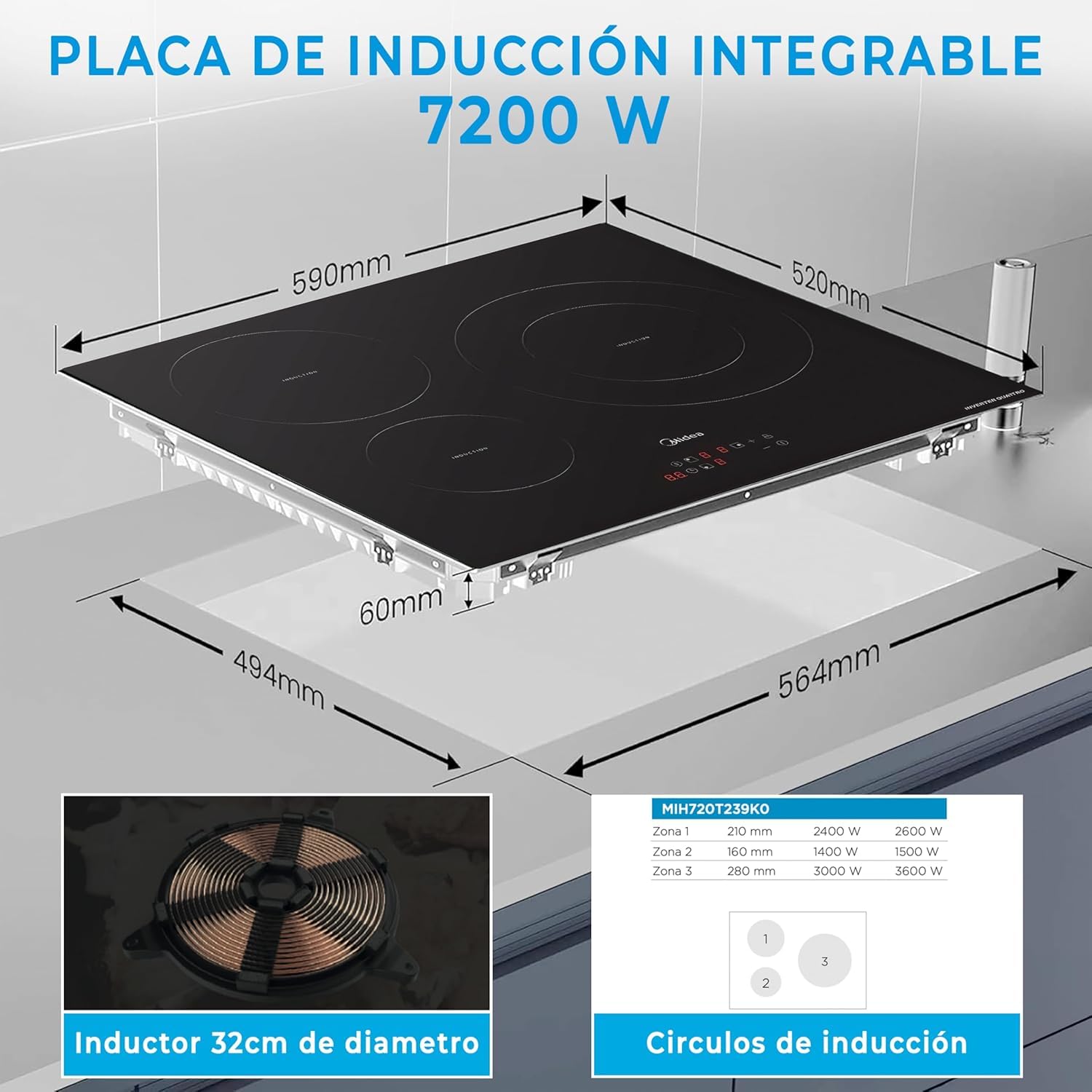 MIDEA Płyta indukcyjna 3-ogniowa 60 cm 7200 W - płyta indukcyjna zintegrowana z dotykowym panelem sterowania, inwerter quattro, 9 poziomów mocy, wzmacniacz, wskaźnik światła i timer.