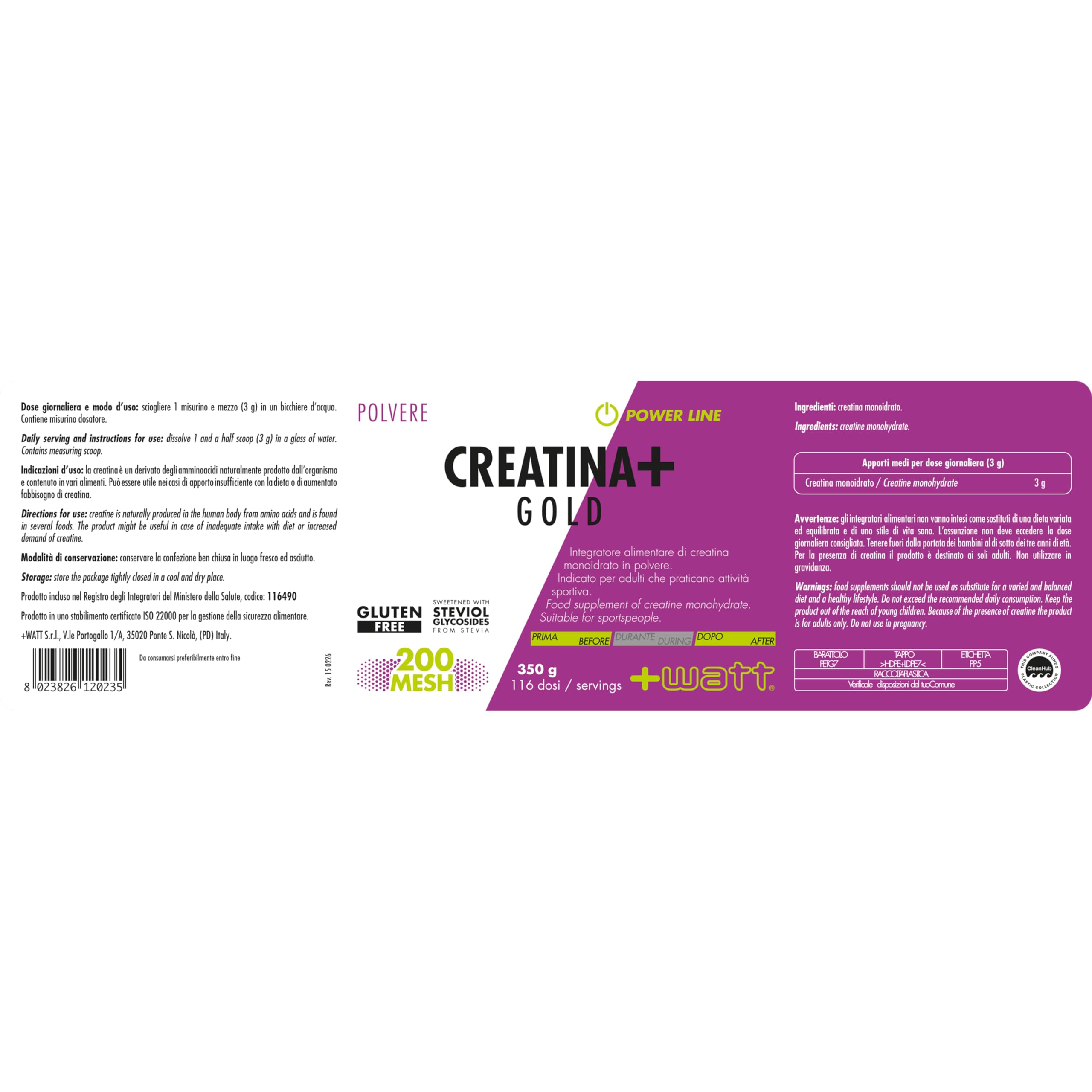 Creatina+ Gold - Integratore Alimentare di Creatina Monoidrato - Incrementa le Prestazioni Durante lo Sforzo - Gluten Free -in Polvere, Formato: 350g