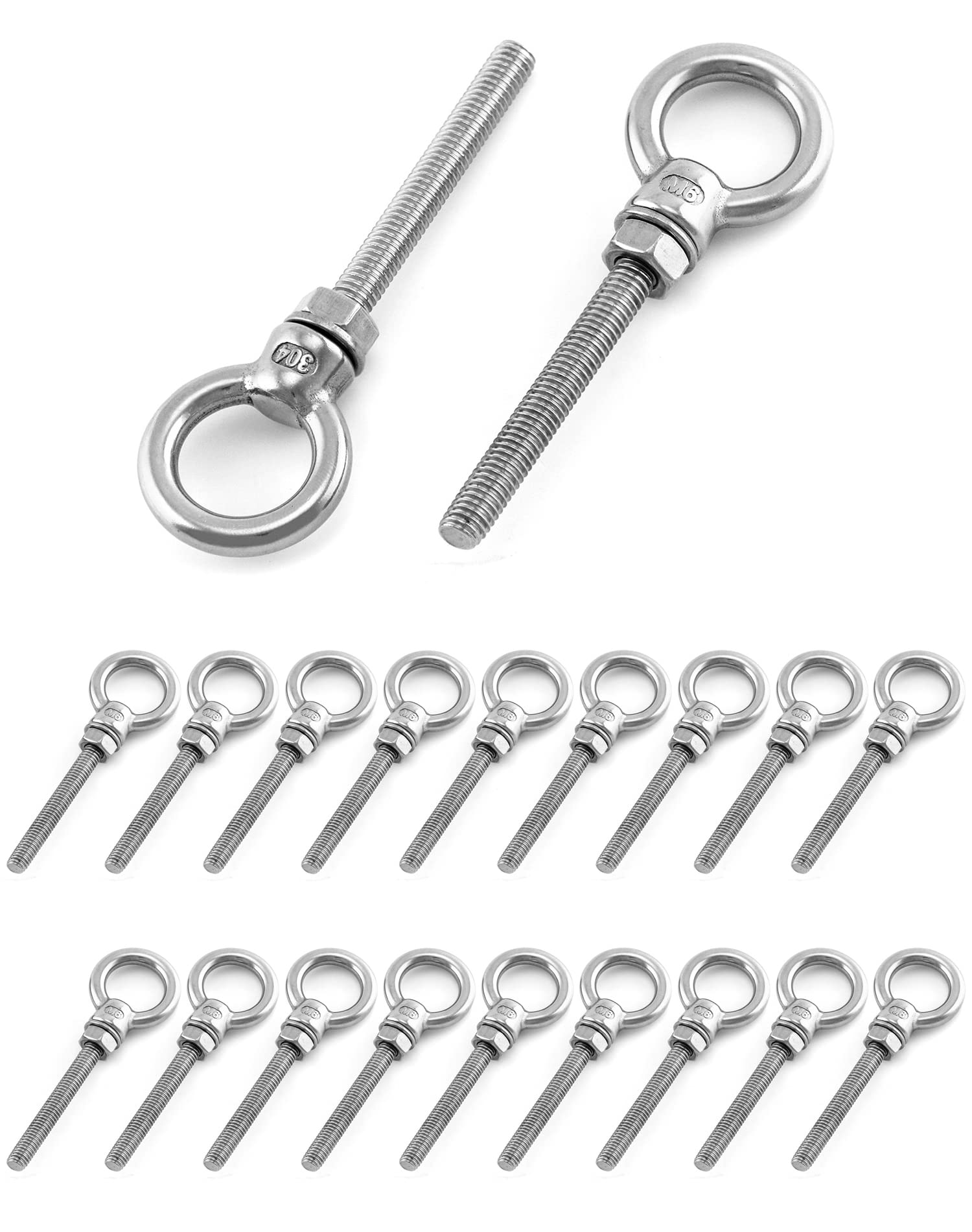 QWORK Lot de 20 boulons à œil filetés en acier inoxydable de qualité marine 6,35 mm x 5,1 cm de long