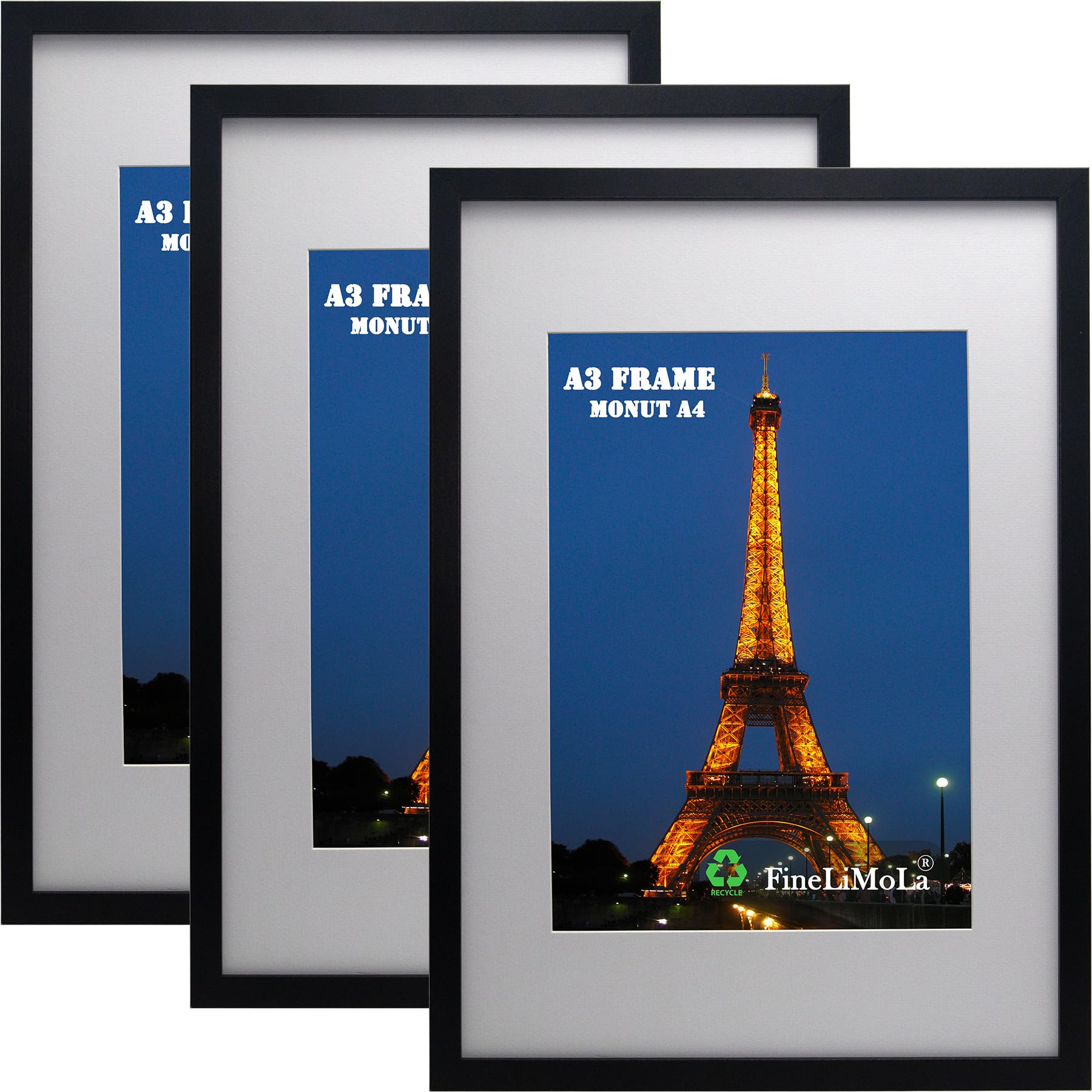 A3 Black Wood Photo Frame Set of 3 With Acid Free Mount for A4, Picture Frame for Portrait or Landscape Display Poster Frame
