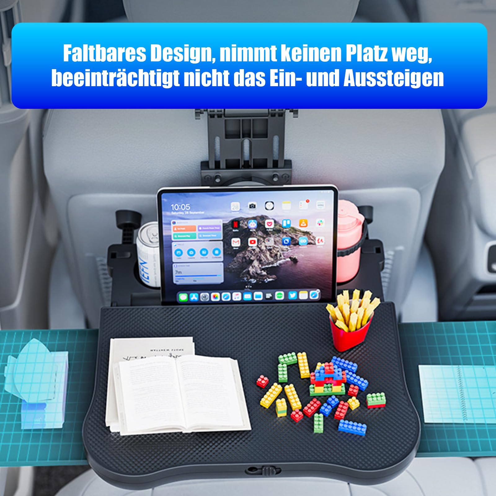 Auto Tisch für Rücksitzpassagiere, Schreibtisch mit Getränkehalter und Handyhalter, Faltbarer, Teleskopischer Auto Rücksitztisch, Tragkraft 15-20KG, mit rutschfester Matte