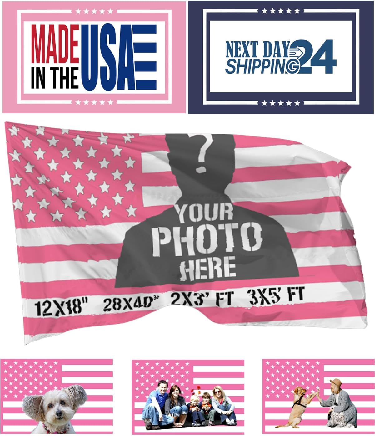 Maizi Pink American Flag For Decorate - Personalized 3X5 Ft Flag With Your Photo, Logo, Words or Text, Personalized Size (12x18in 2x3ft 28x40in 3x5ft), Printed in USA.