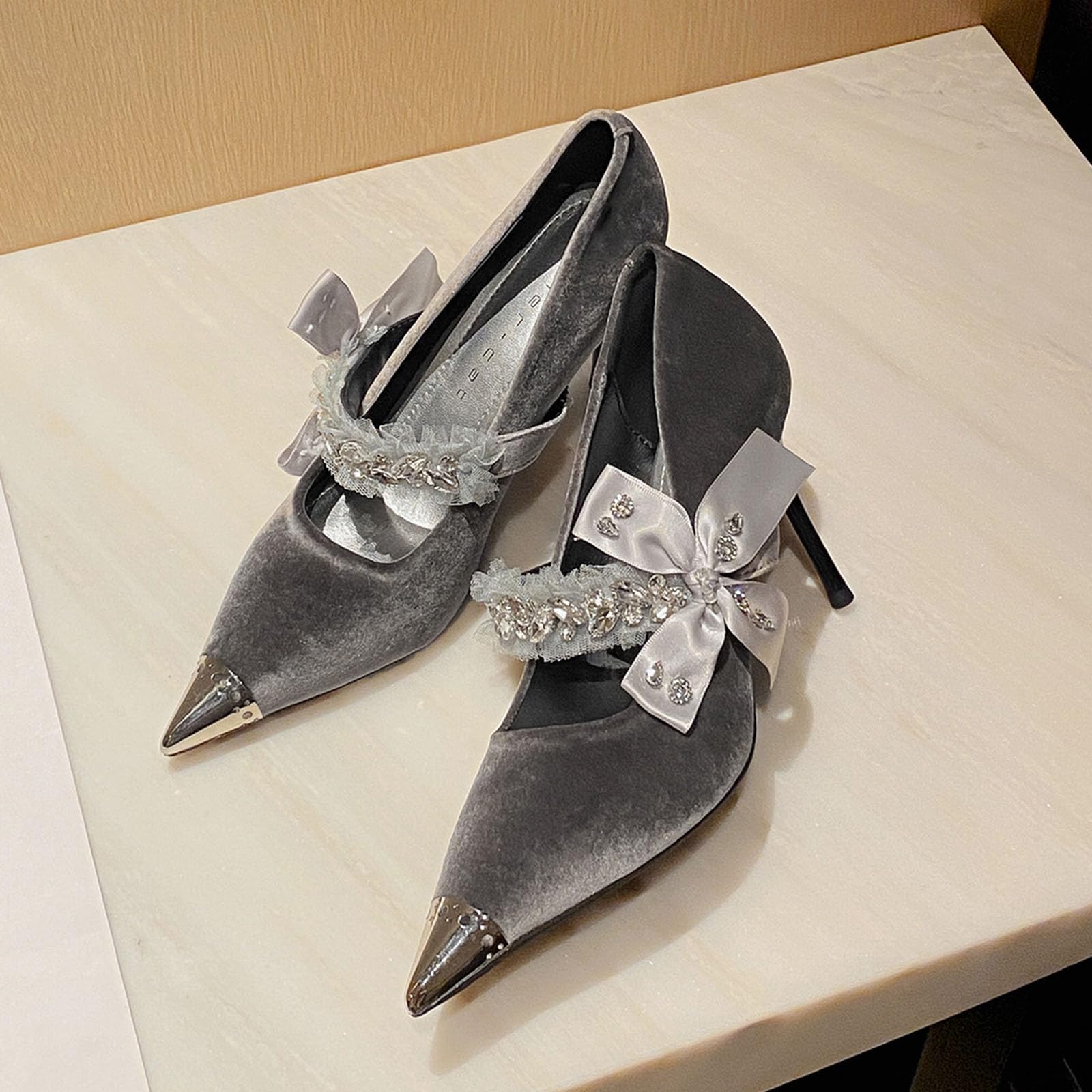 Mujer Zapatos de Tacón Lazo Rente Strass Terciopelo 9CM Sexy Stilettos Gris