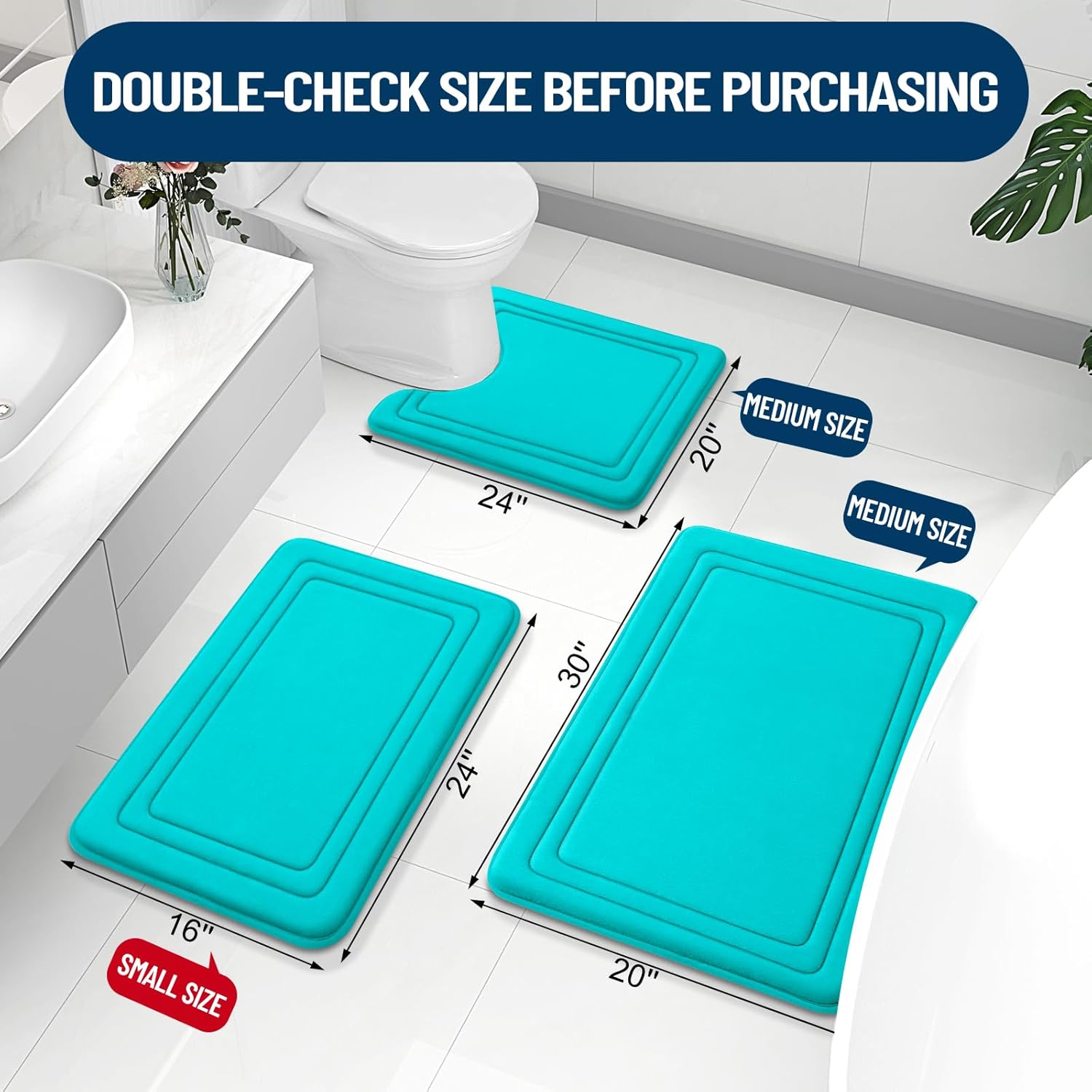 Grandaily Memory Foam Bath Mat Rug 30x20, Ultra Soft, Non-Slip and Absorbent Bathroom Rugs, Machine Wash Dry, Comfortable Bath Carpet for Bathroom Floor, Tub and Shower, Teal - Image 2