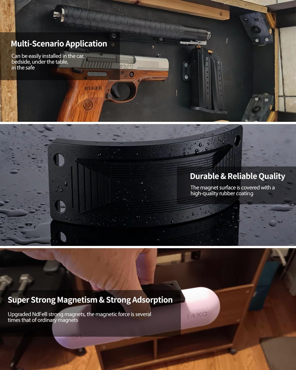 HEKAGURA Gun Magnet Mount, 55 lb Rating,Magnetic Gun Holster| Rubber Coated Gun Holder for Handgun, Shotgun, Rifles, Revolvers| Beside Holster, Using in Cars, Trucks, Wall, Desk