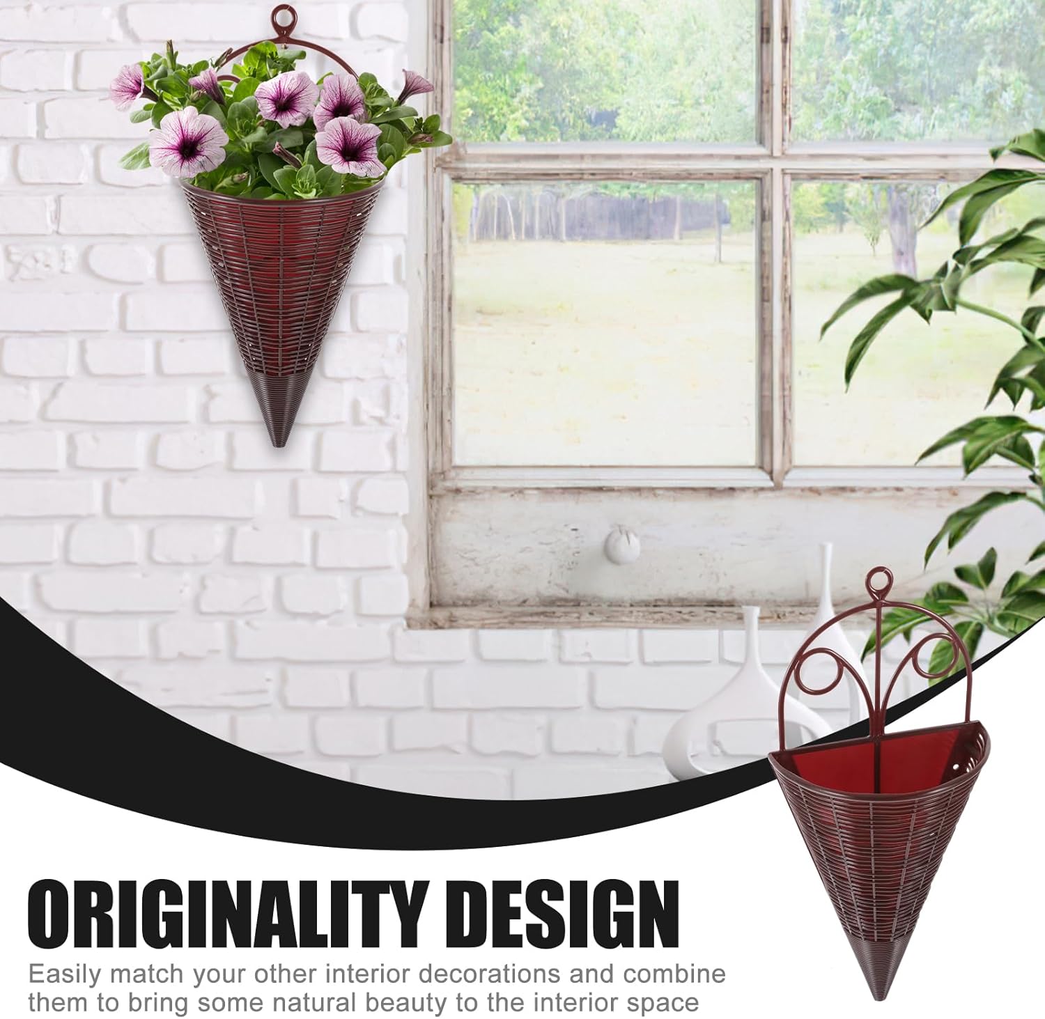 Abaodam Rattan Hanging Planter Baskets 5Pcs Cone Hanging Basket Planters Cone Woven Hanging Flower Pot Wicker Ceiling Plant Pot Wall Flower Bird Baskets for Indoor Outdoor Decoration