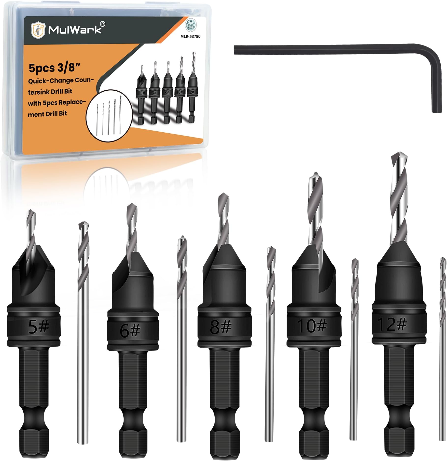 - Countersink Drill Bit Set, 11PCS Adjustable Tapered Drill Bit and Counter Sink Bits for Wood, HSS Woodworking Set with Allen Wrench, #5#6#8#10#12, 3/8" Quick Change Hex Shank, Storage Box