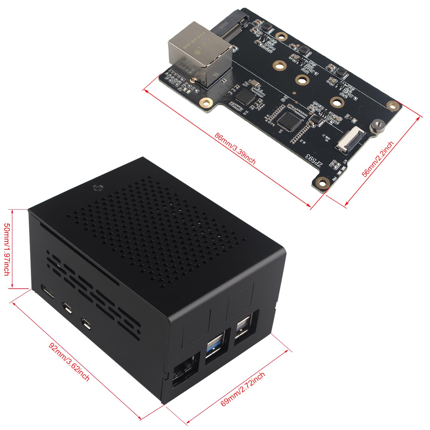 ZDE ZP593 PCIe to 2.5G Ethernet Port PCIe to M.2 Key M NVMe SSD HAT Expansion Board 2.5GB 2.5GBE with ZC506 Aluminum Case for Raspberry Pi 5 2GB 4GB 8GB 16GB