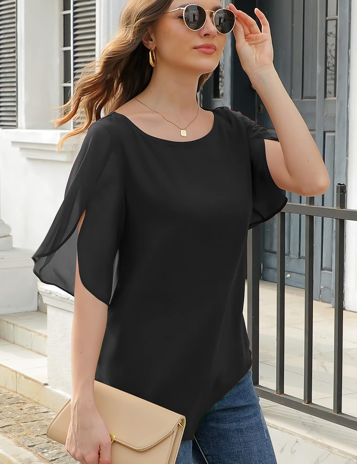 Lotusmile Women's Loose Half Split Sleeve Double-Layered Tops Chiffon Scoop Neck Dressy Blouse Flowy Shirts - Image 2