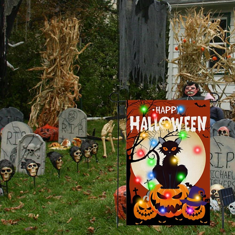 Happy Halloween Garden Flag with Lights, 12x18 in Solar Double Sided Pumpkin Cat Yard Flags, Halloween Outdoor Decorations for Patio, Lawn - Image 5