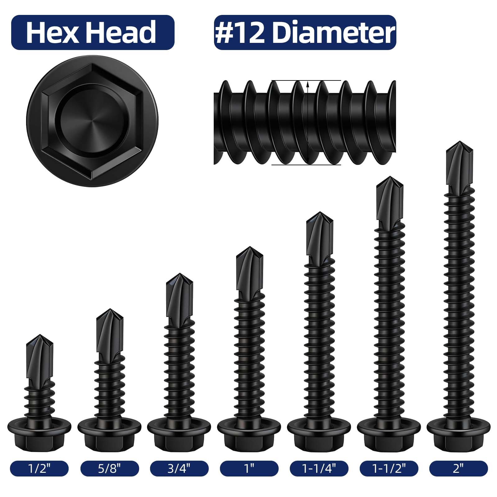Tornillos Tek de chapa autoperforantes con punta de taladro, acero inoxidable 410, óxido negro, 50 unidades