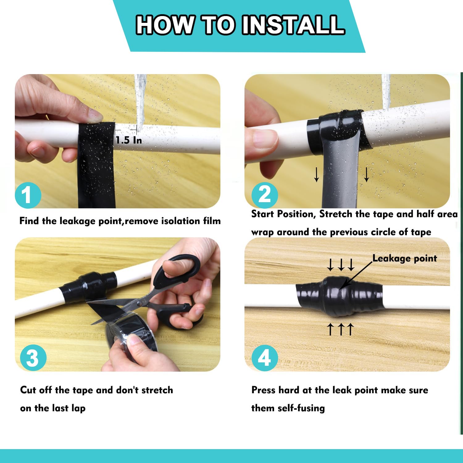 Cinta de silicona autofusible de 1 x 10 pies, goma impermeable negra, sellado a prueba de fugas, cinta de goma de silicona autoamalgamante para reparaciones de tuberías de agua fría y
