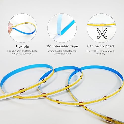Miniatura 6 de COB Tira de luces LED 3000K 65.6ft DC 24V regulable blanco flexible luz de cinta LED para dormitorio, con control remoto y aplicación, luces de