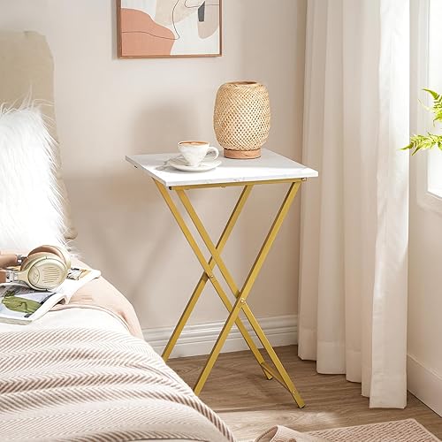 Miniatura 23 de HOOBRO Mesa plegable para TV, bandeja de TV de madera, mesa auxiliar portátil para sofá, mesa auxiliar industrial para aperitivos para espacios café