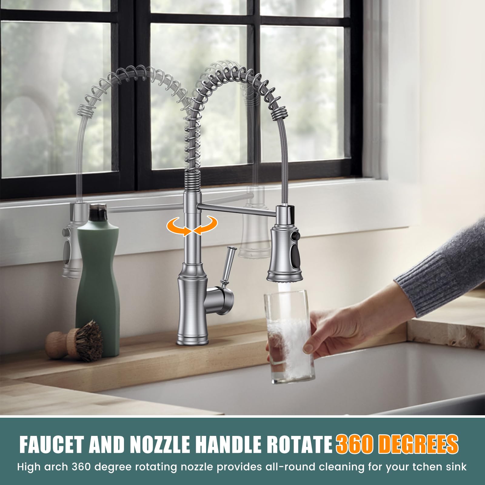 HURRAN Rubinetto Cucina Nichel Spazzolato, Rubinetto Lavello Cucina con 3 Modalità di Spruzzo, Rubinetto Lavello Cucina ad Arco Alto Estraibile con Rotazione a 360°per Lavelli da Cucina, Acciaio Inox