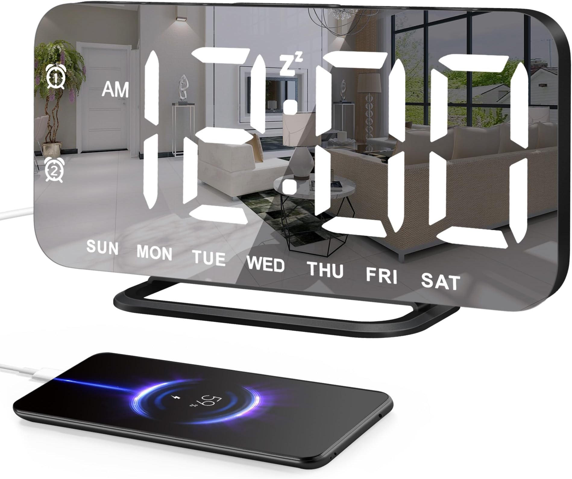 Slim LED Digital Alarm Clock, Mirror Surface for Makeup, with Diming, Large Display, Easy Setting, USB Ports, Modern Decor for Bedroom, Desk, Idea for Women, Sister, College Girl, Black