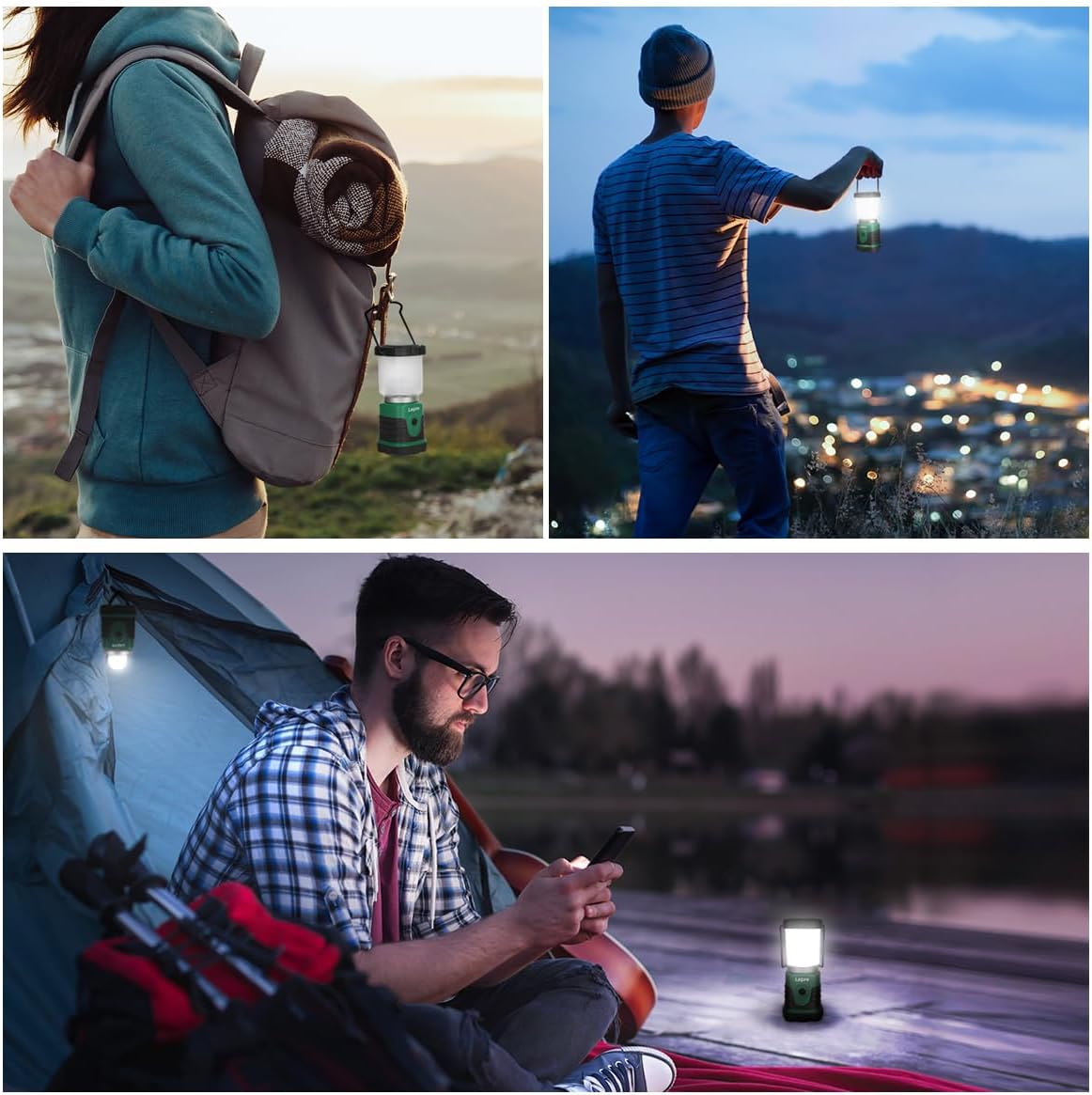 Three images showing the lantern in use: hanging from a backpack, held by a person outdoors, and providing light inside a tent.