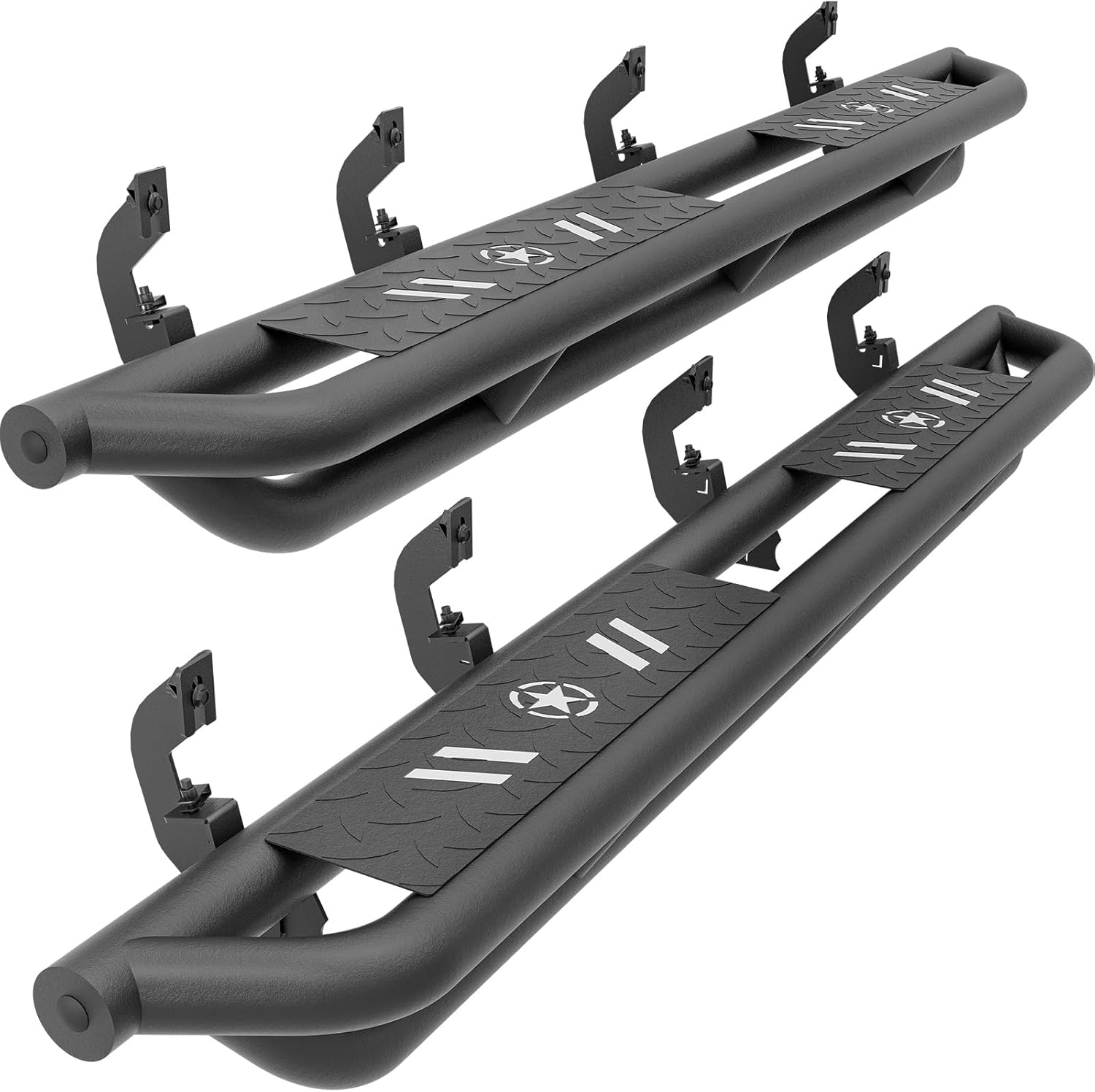 Crew Cab Running Boards Compatible with 2007-2018 Chevy Silverado & GMC Sierra 1500, 2007-2019 Chevrolet Silverado & GMC Sierra 2500 3500 HD CrewCab, Side Steps White Star Logo Steel Nerf Bar