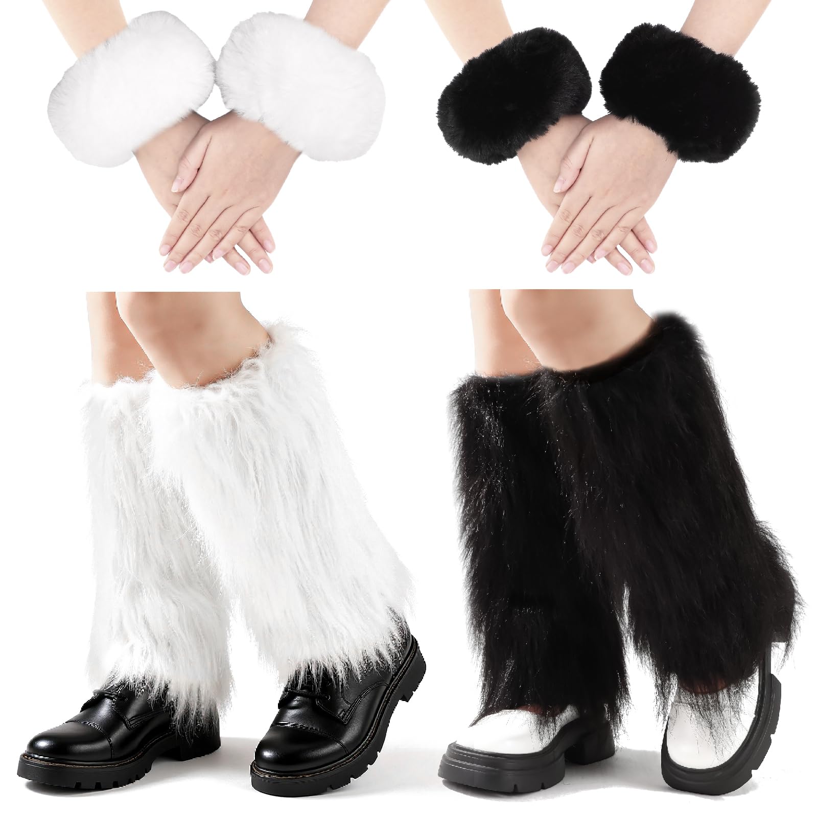 JATEBI 2 Pairs Faux Fur Fuzzy Leg Warmers with 2 Pairs Short Wrist Cuff Furry Boot Covers for