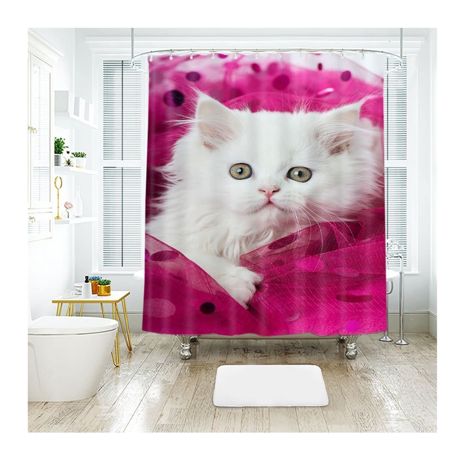 Tenda da doccia angolare, multicolore, in poliestere, impermeabile, gattino bianco, con filato rosa, anti-muffa, 200 x 180 cm