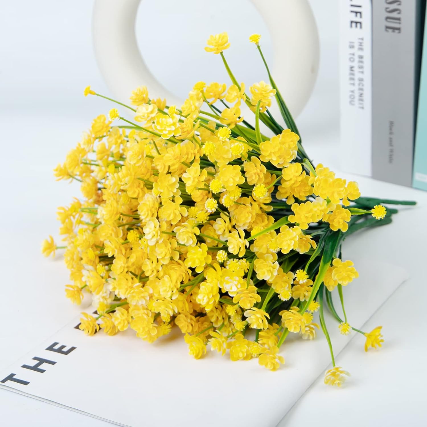 Ouddy Decor 24 Bundles Artificial Flowers for Outdoors UV Resistant Fake Plastic Plants Faux Greenery Stems for Spring Summer Indoor Garden Patio Window Box Kitchen Home Decor, Yellow