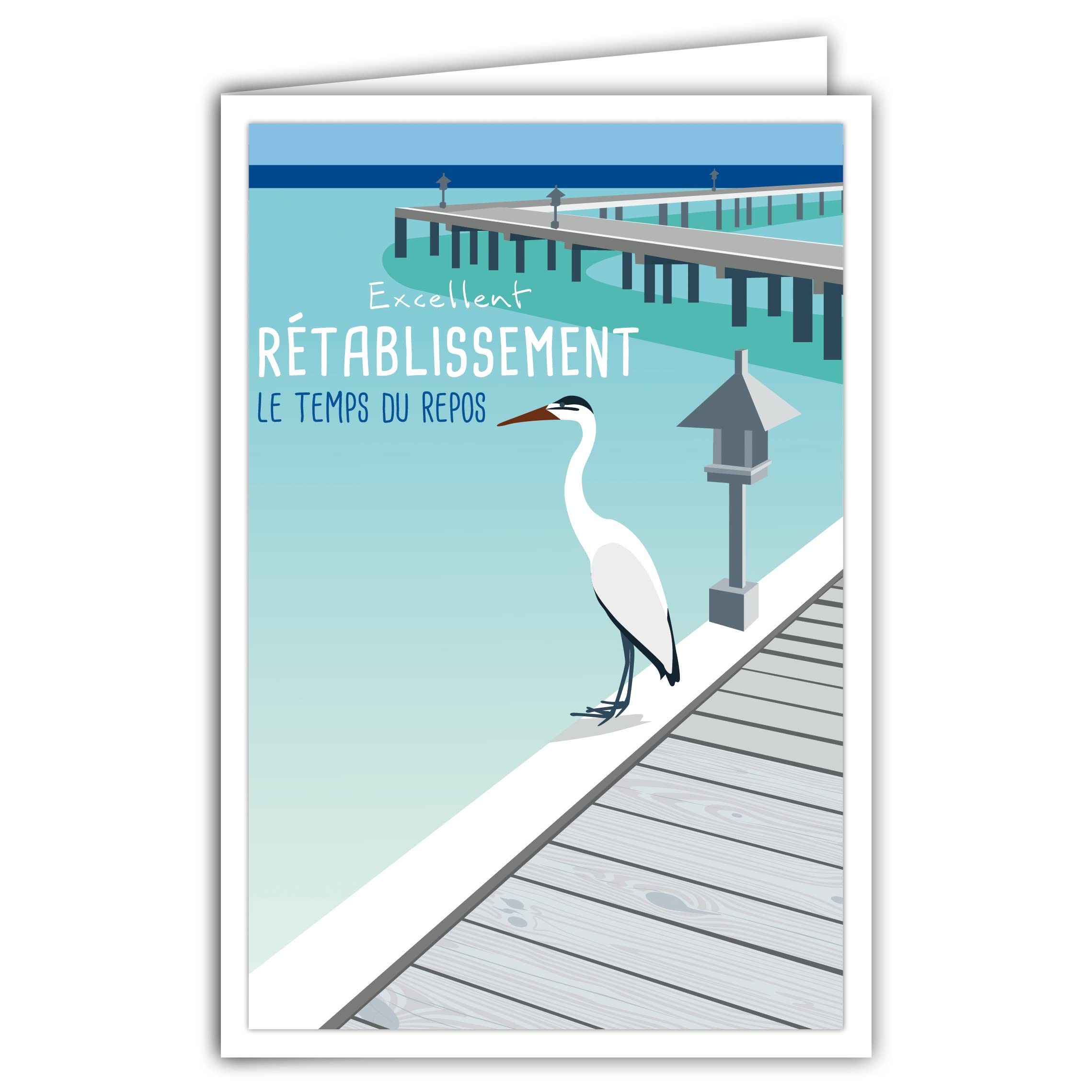 69-4347 Card The Time of Rest Prompt Good Excellent Recovery Envelope Mini Poster Format 17 x 11.5 cm Bird Crane White Pontoon Wood Water Sea Paradise Retro Vintage Blue