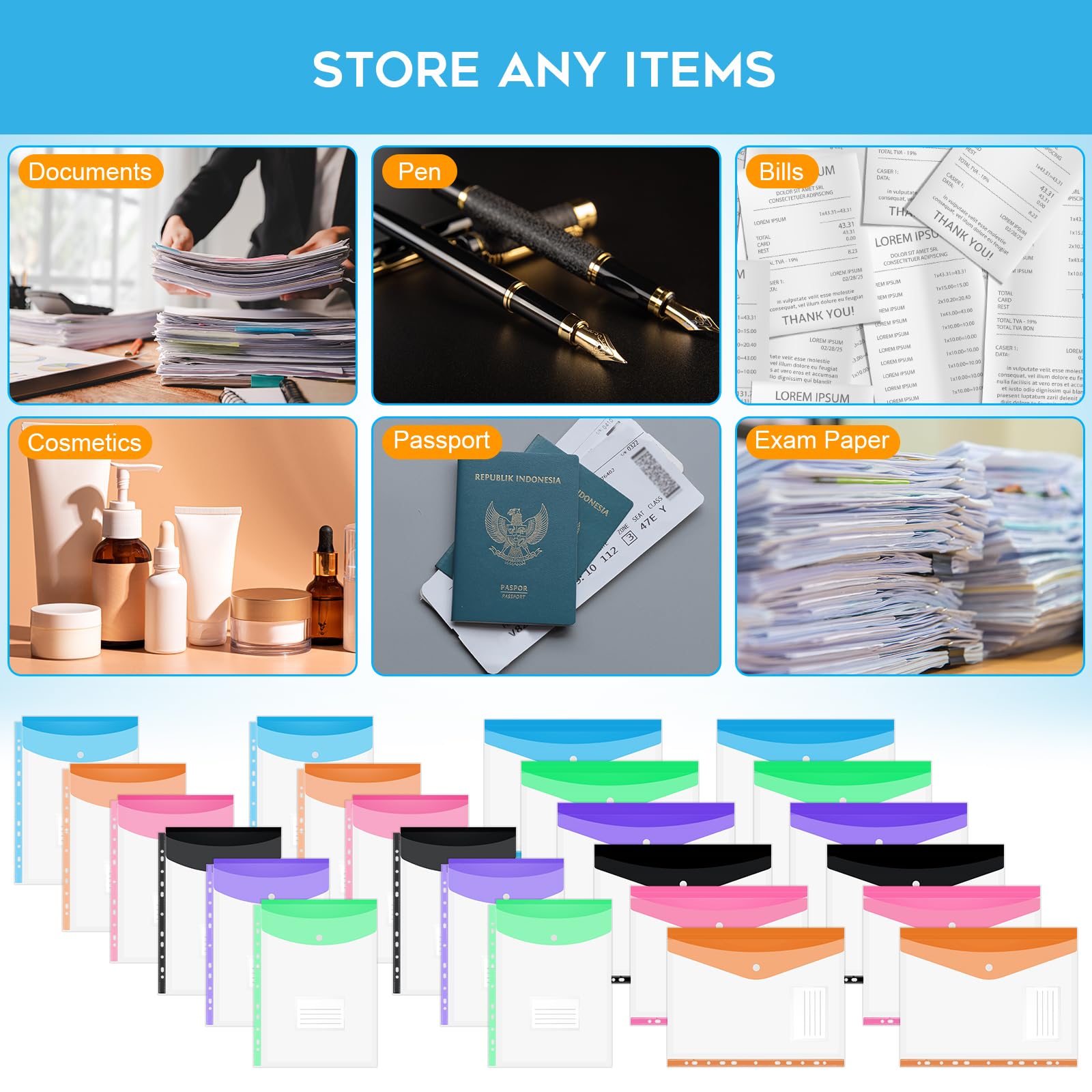 24pcs Cartelline Portadocumenti A4, Buste in Plastica A4 Perforate, Espandibili Cartella, Trasparente Porta Documenti con Bottoni a Pressione ed Etichetta, per Scuole, Case e Ufficio, 6 Colori