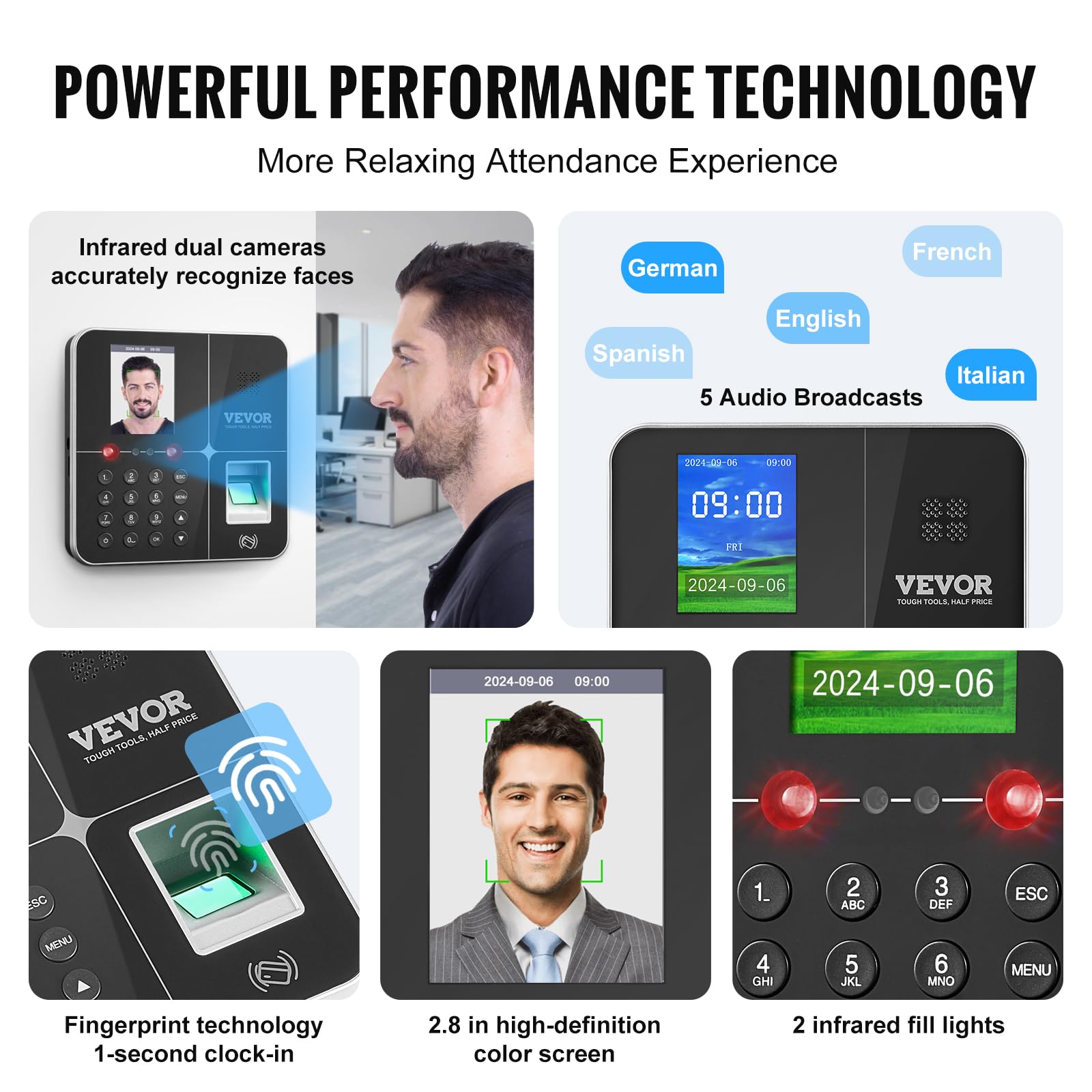 VEVOR Macchina Biometrica per Rilevazione delle Presenze dei Dipendenti con riconoscimento facciale, Impronta Digitale, Carte RFID e Immissione PIN, Orologio Biometrico Indipendente, Supporta 5 Lingue