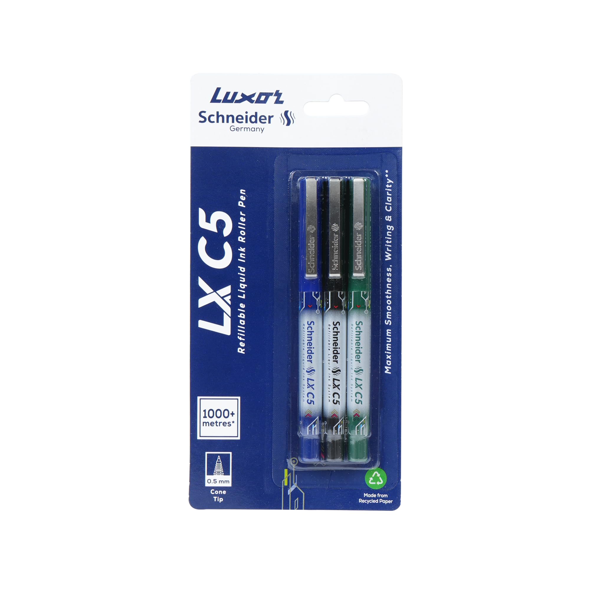 Luxor Schneider LX C5 Roller Pen, Pack of 3-Blue+Black+Green, Cone Tip, 0.5mm, 100% German Technology, 1000+ mtrs writing length, Waterproof Ink, Ideal for Students & Professionals