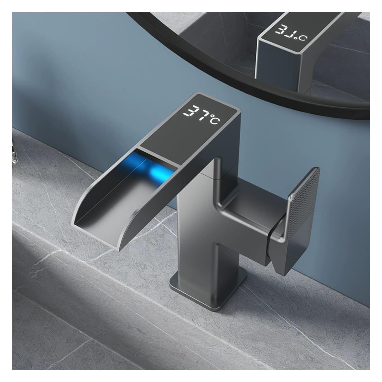 Grifo de baño, Grifo de baño en cascada, grifo monomando para lavabo SUS 304 gris con pantalla LED, frío y caliente(Grey)