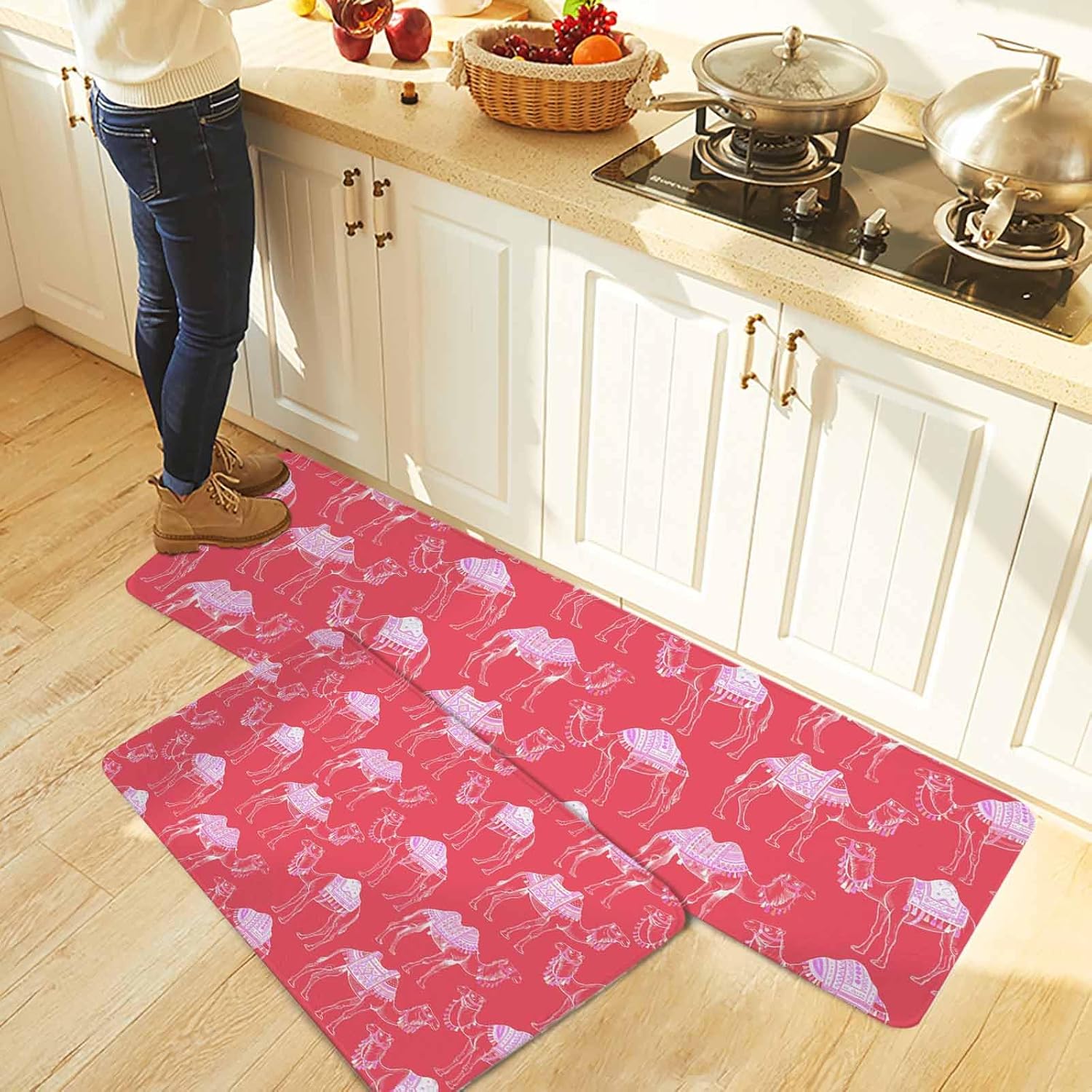 Desert Camel Kitchen Rugs and Mats Set of 2, Non-Slip Kitchen Sink Mat, Summer Sand Camel Animal Vintage Pink Washable Doormat Bathroom Rugs Runner for Bedroom/Living Room 19.7"x23.6"+19.7"x47.2"