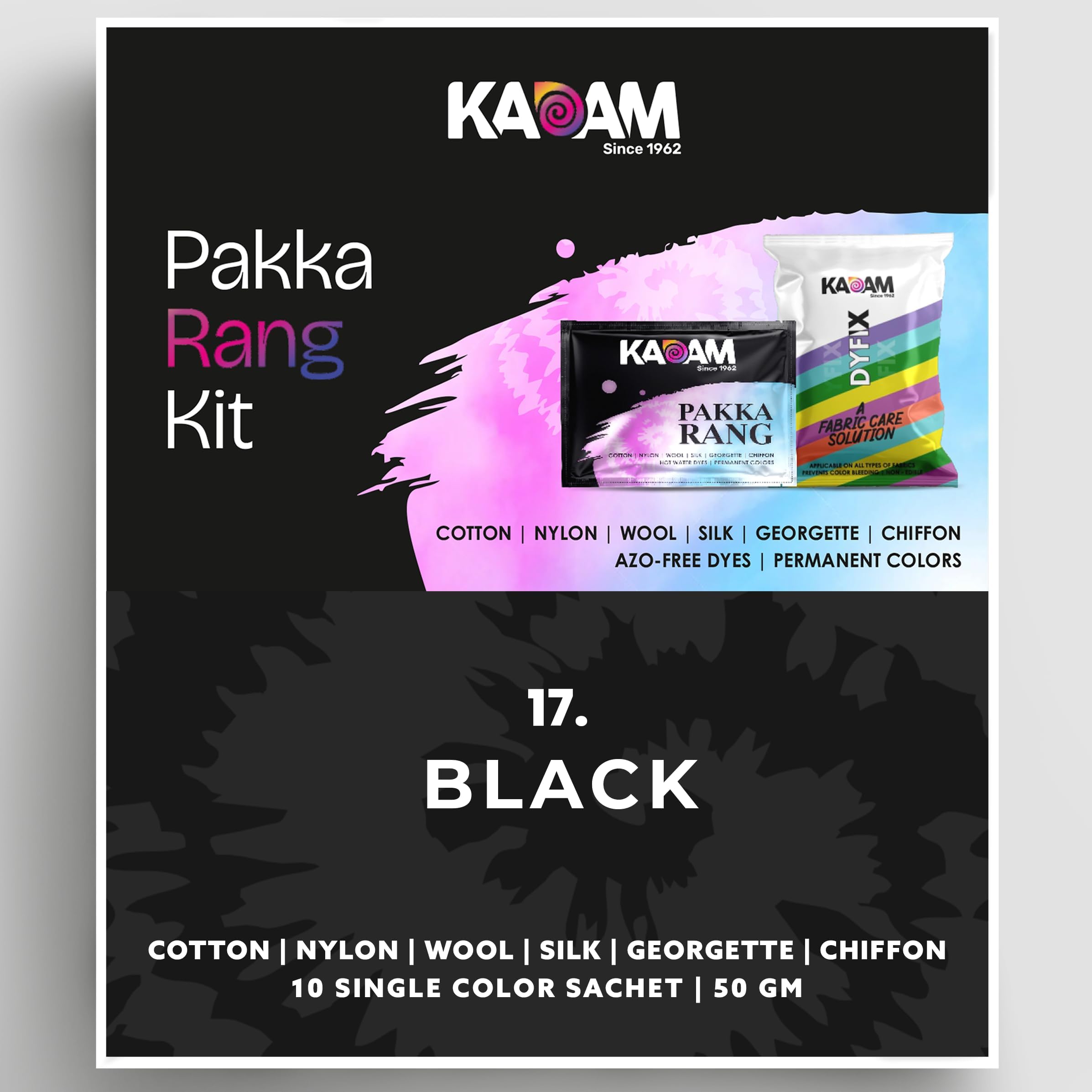 Kadam Pakka Rang Black Fabric Dye for Clothes & Jeans Permanent | Shade No.17 Black 10 Sachets Powder | Cloth Color Dye, Fabric Colour Clothing | Includes 5 DyFix Fixer for Long Lasting Fabric Shade