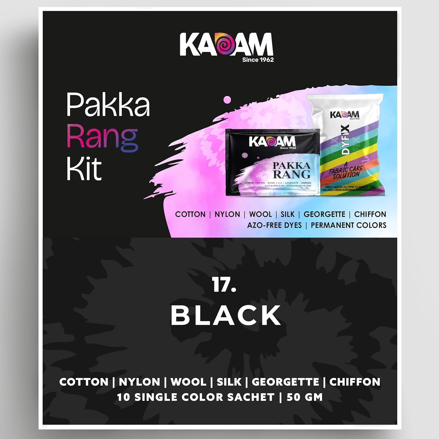 Kadam Pakka Rang Permanent Fabric Dye | Shade 17: Black | 10 Dye Sachets + 5 DyFix Color Fixer Sachets | Cloth Colour Powder for Clothes