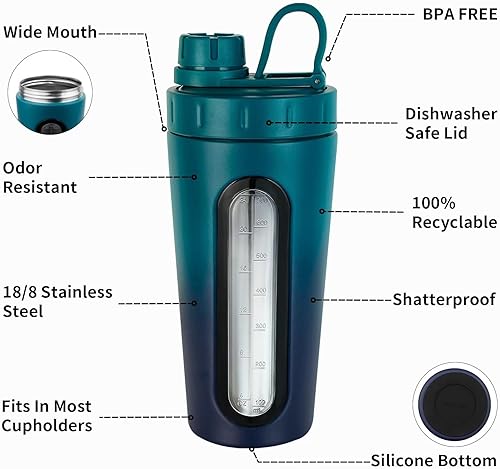 Miniatura 5 de TOOFEEL Botella agitadora de acero inoxidable  Vasos agitadores de metal de 28 onzas para batidos de proteínas, 2 bolas batidoras, no se mantiene