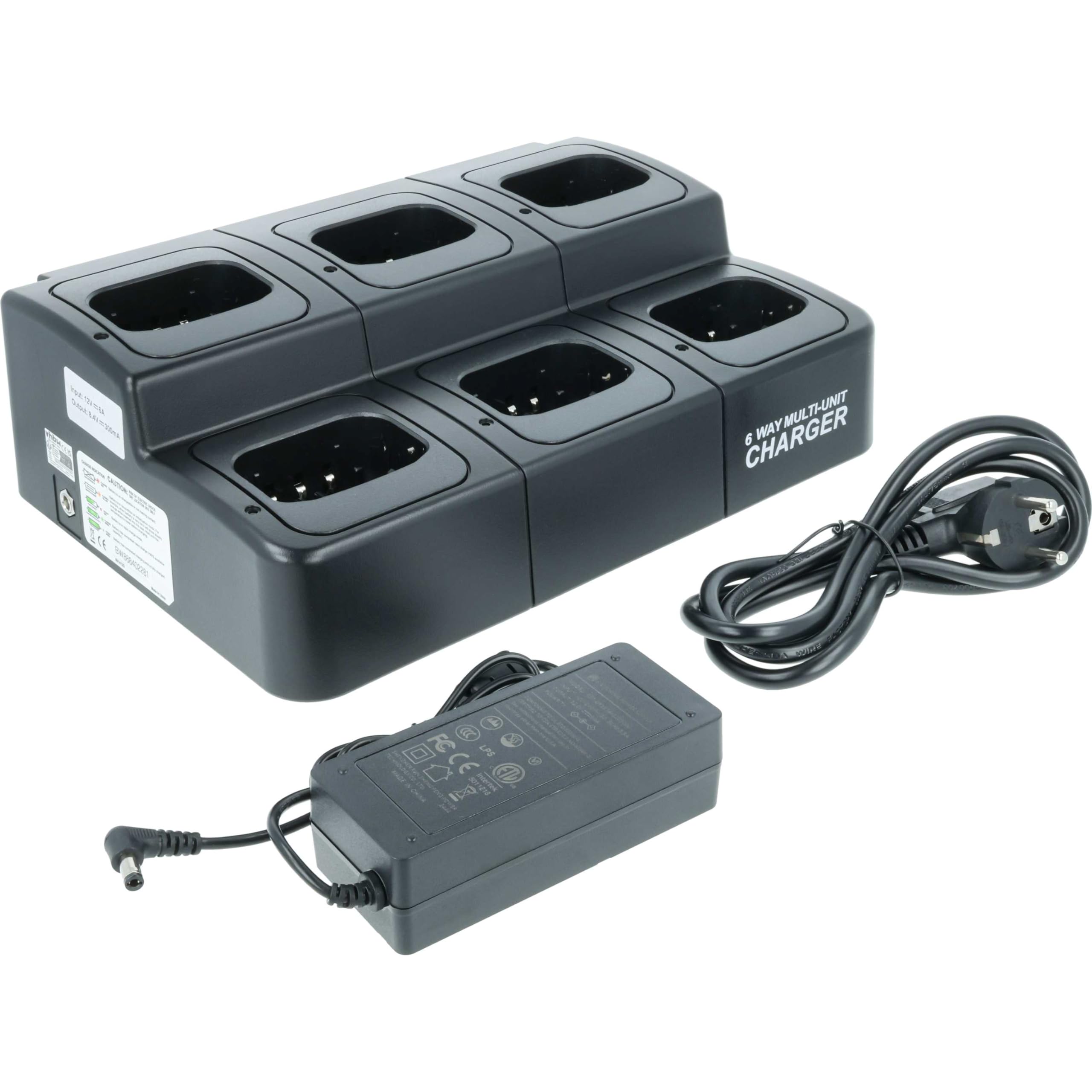 vhbw Caricabatterie 6 vani compatibile con Icom BP-252 batterie per radio - Stazione di ricarica + alimentatore + cavo alimentazione, 8,4V