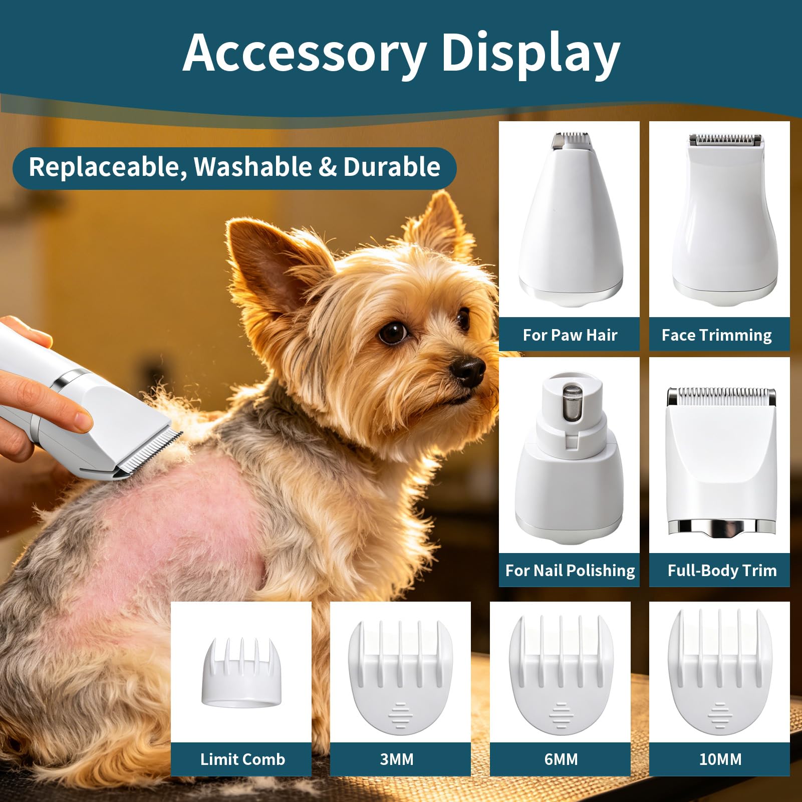 Kit Toilettage Chien 4 en 1, Tondeuse Chien et Tondeuse Chat Silencieuse Sans Fil, Tondeuse Pour Chien Professionnelle avec Écran LCD, Tondeuse Animaux pour Poils Longs et Pattes, Blanc