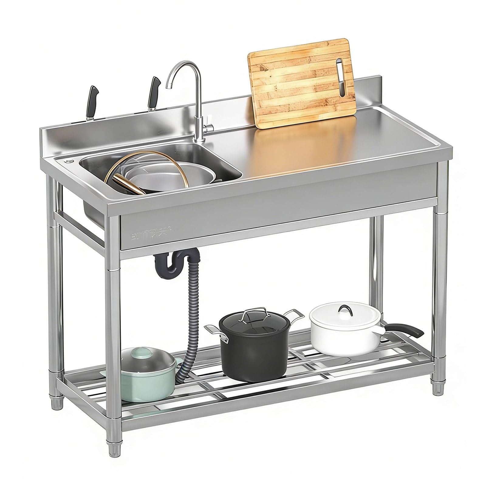 Évier Utilitaire autoportant en Acier Inoxydable, évier Commercial à Une cuve avec Plan de Travail, étagère de Rangement, Robinet d'eau Froide et Porte-Couteaux pour Restaurant, GA