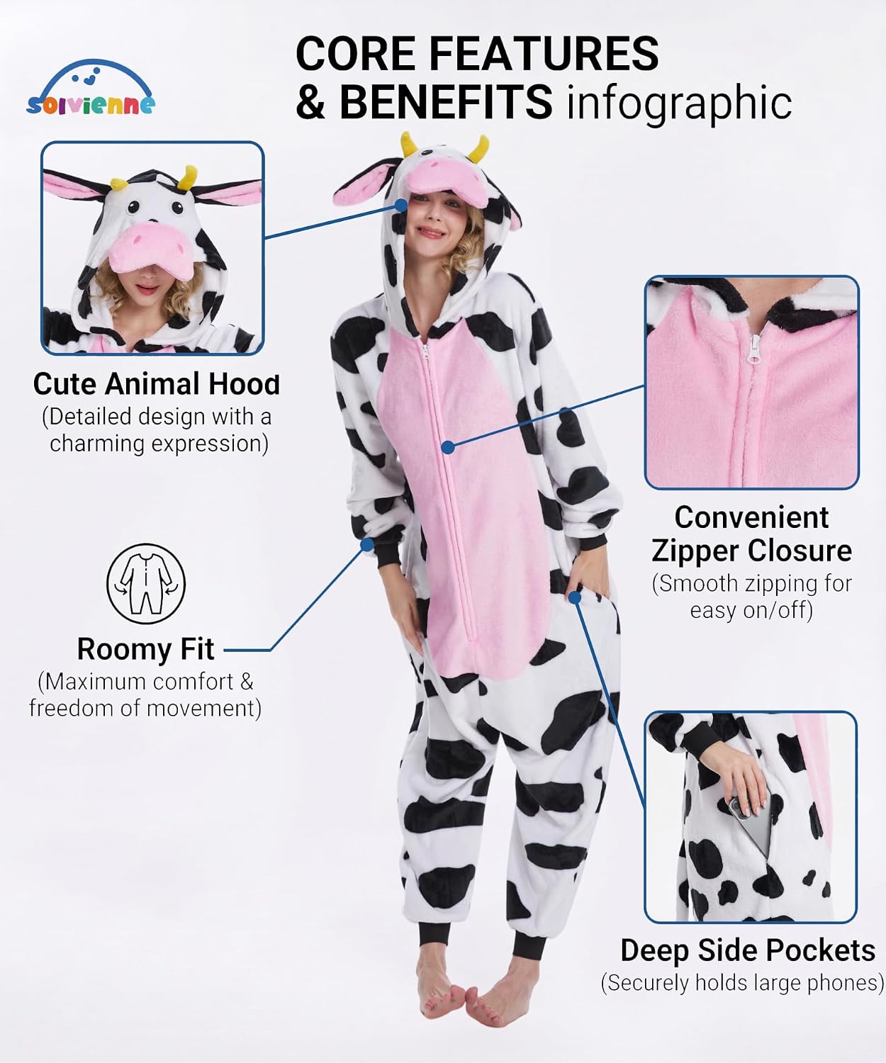 Adult Animal Onesie, Zip Up Flannel Pajamas with Pockets for Men and Women, Halloween Costume Cosplay Loungewear