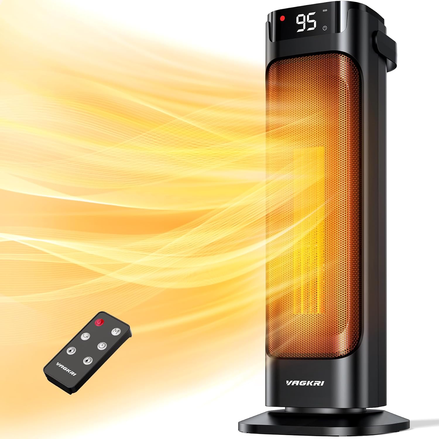 VAGKRI 24-Inch Oscillating Ceramic Tower Space Heater for Home with Remote Control Adjustable Thermostat Timer Overheat Rollover Protection
